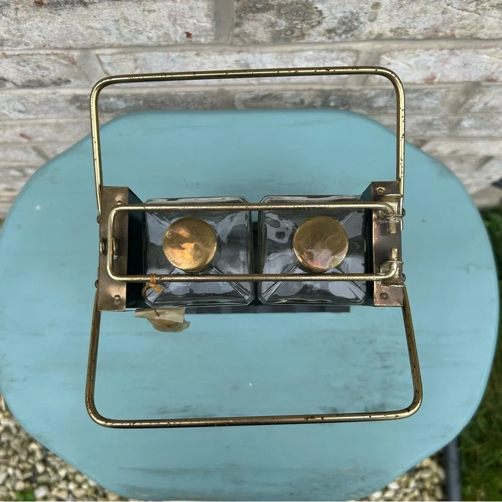 Vintage Mid Century English Bar Set Wood Brass Glass Bottles